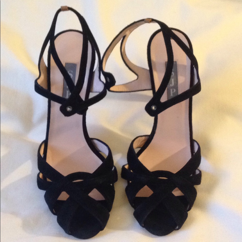 SJP Suede Ankle Peep-Toe Heel